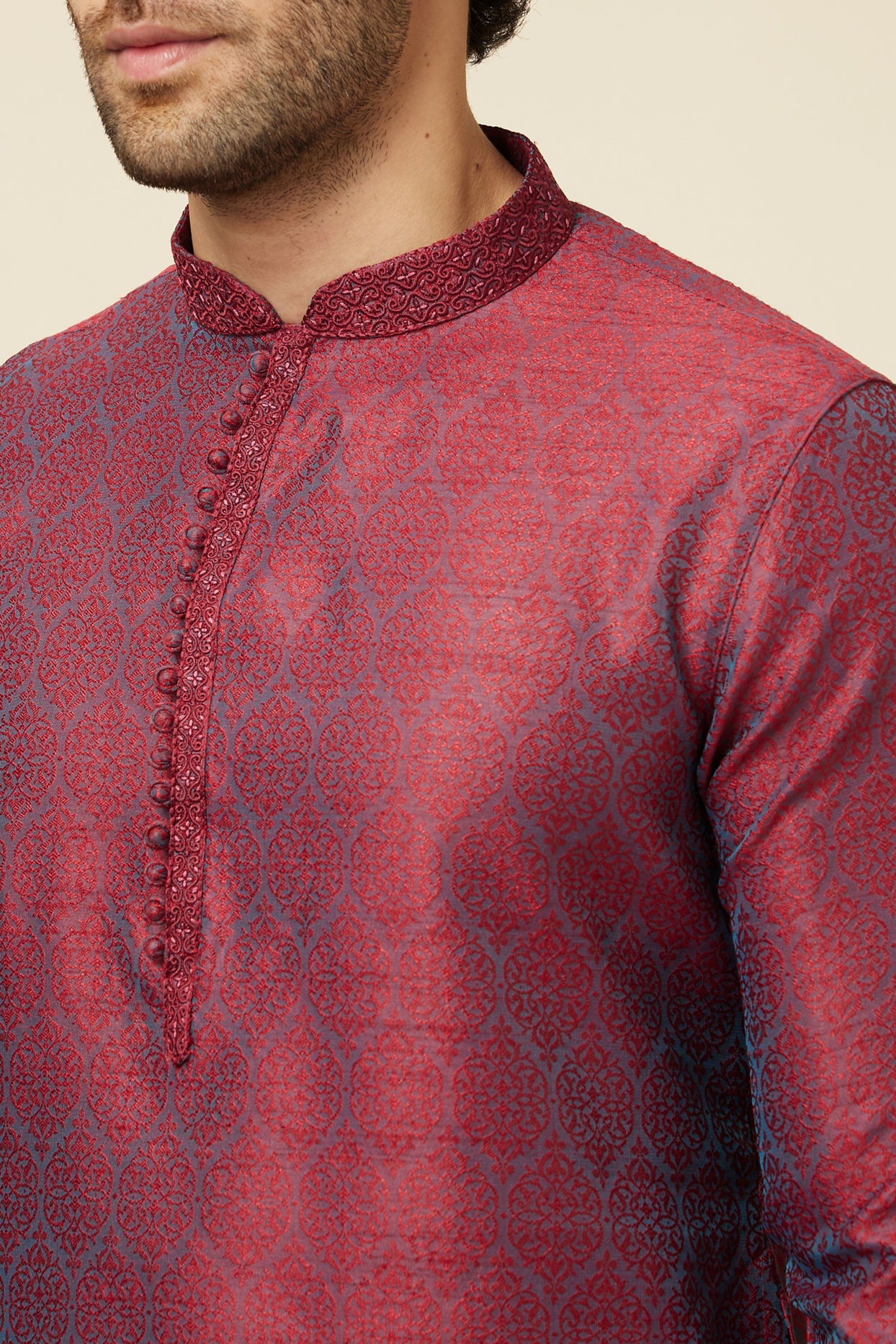 alt message - Manyavar Men Dark Maroon Kurta Pajama image number 1