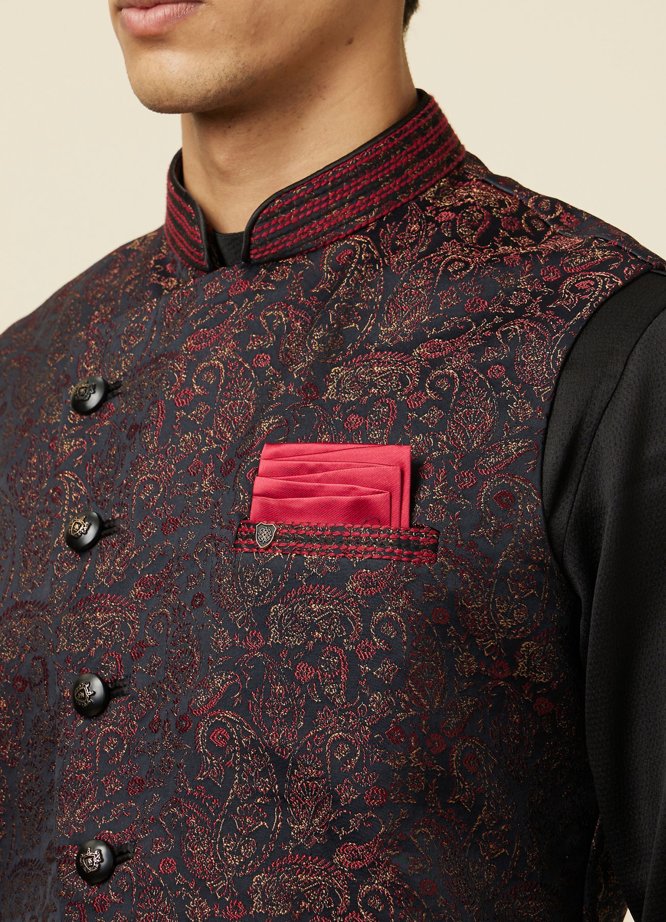 Manyavar Men Black Draped Kurta Jacket Set
