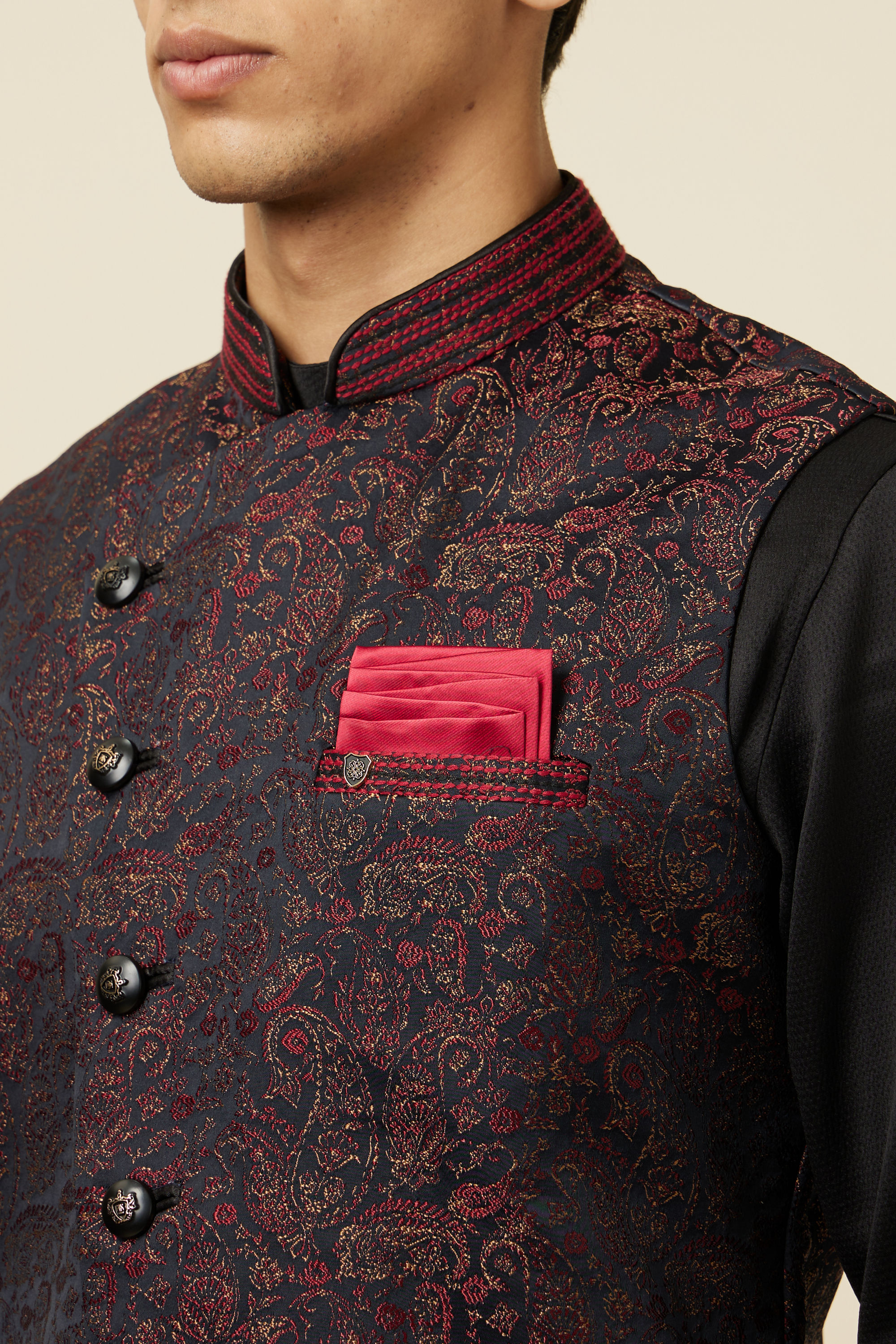 Manyavar Men Black Draped Kurta Jacket Set