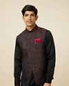 alt message - Manyavar Men Black Draped Kurta Jacket Set image number 0