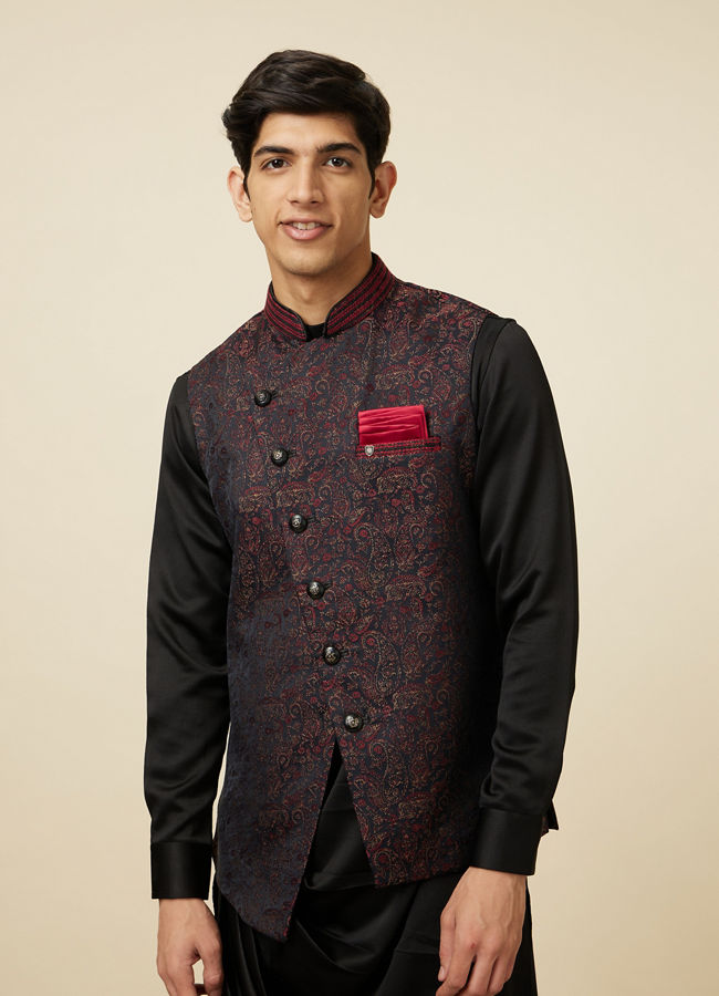 alt message - Manyavar Men Black Draped Kurta Jacket Set image number 0