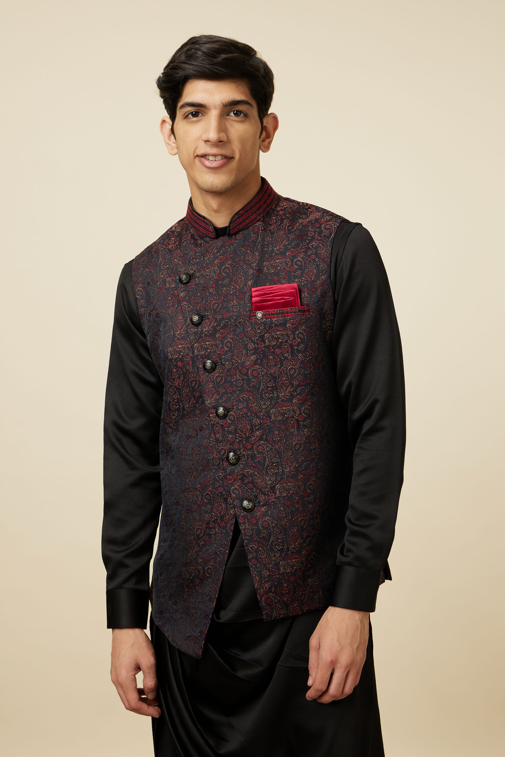 Manyavar Men Black Draped Kurta Jacket Set