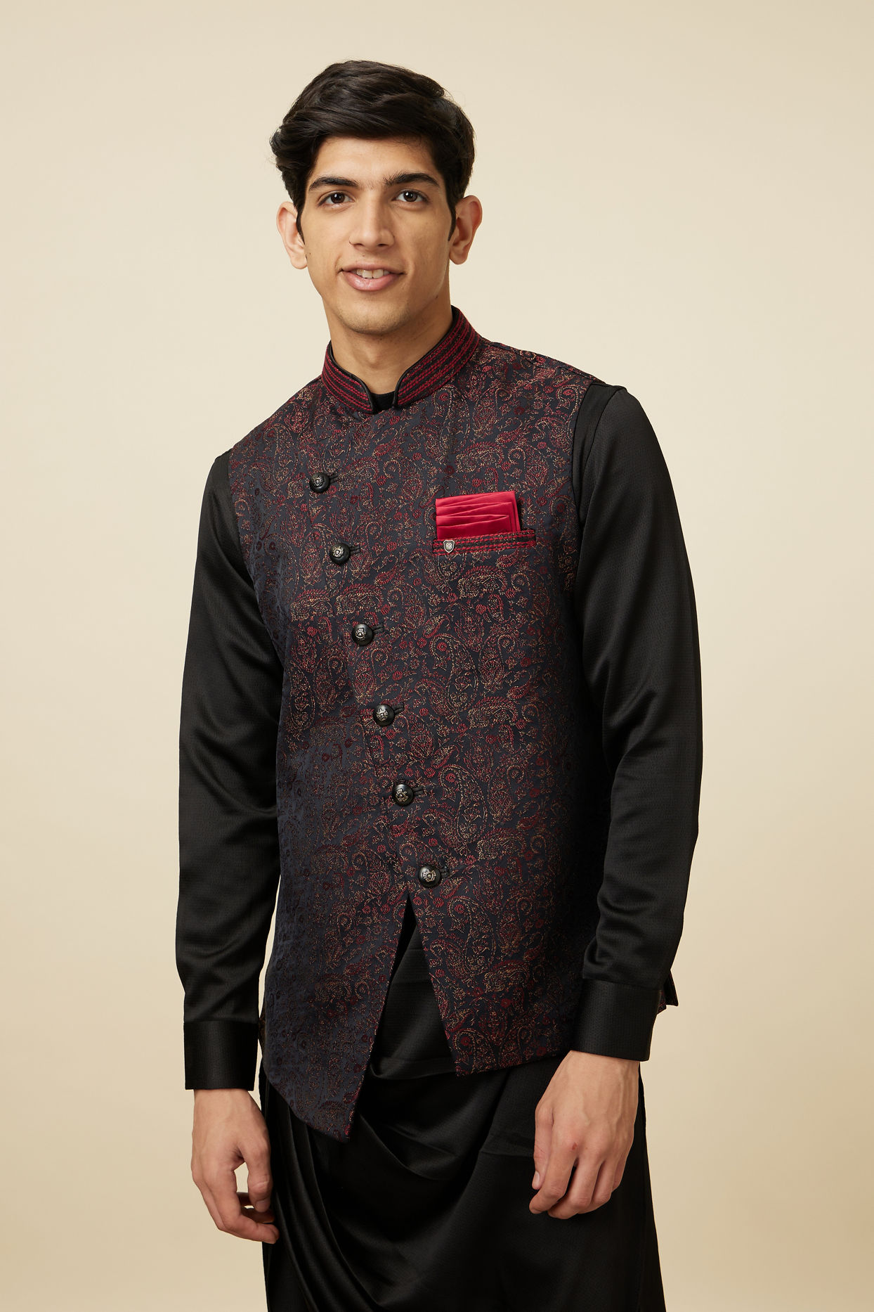 alt message - Manyavar Men Black Draped Kurta Jacket Set image number 0