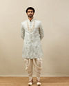 Manyavar Men Frost White Floral Patterned Indo Western Set