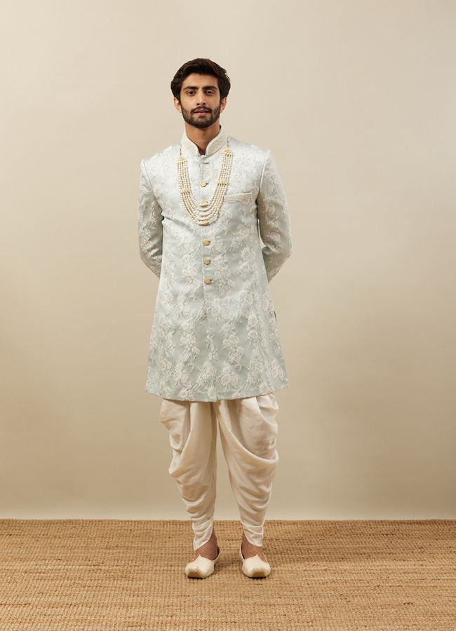 Manyavar Men Frost White Floral Patterned Indo Western Set