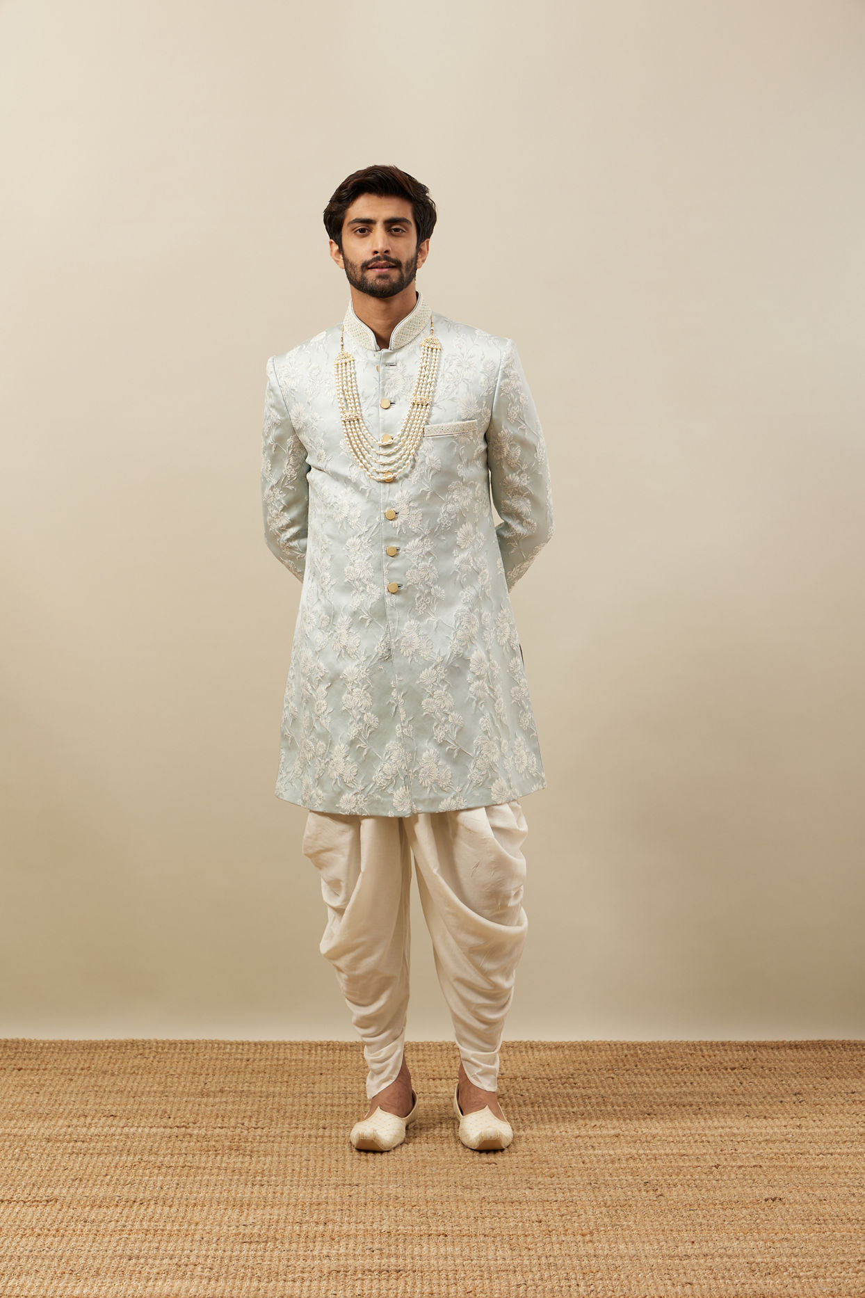Manyavar Men Frost White Floral Patterned Indo Western Set