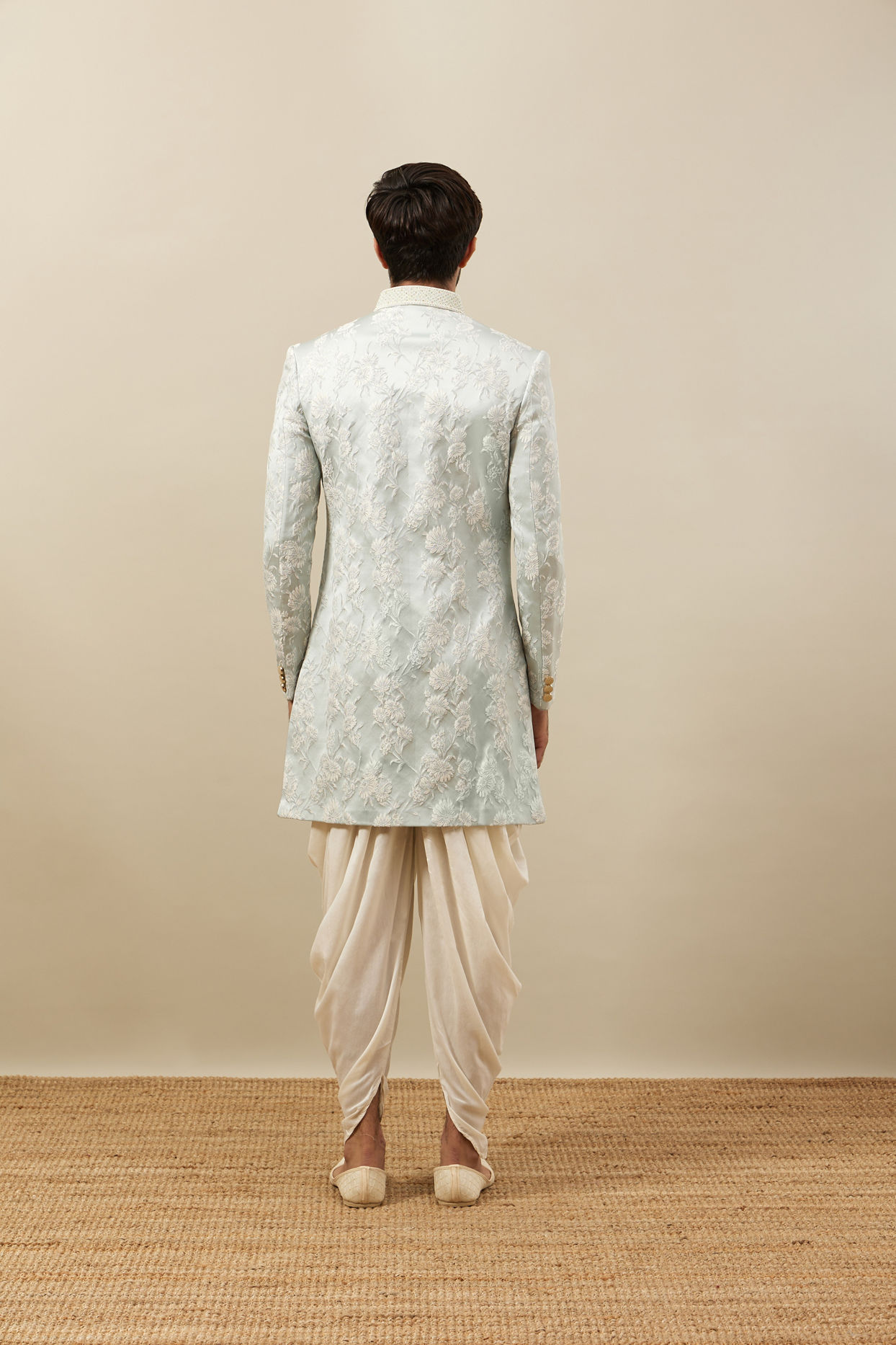 Manyavar Men Frost White Floral Patterned Indo Western Set