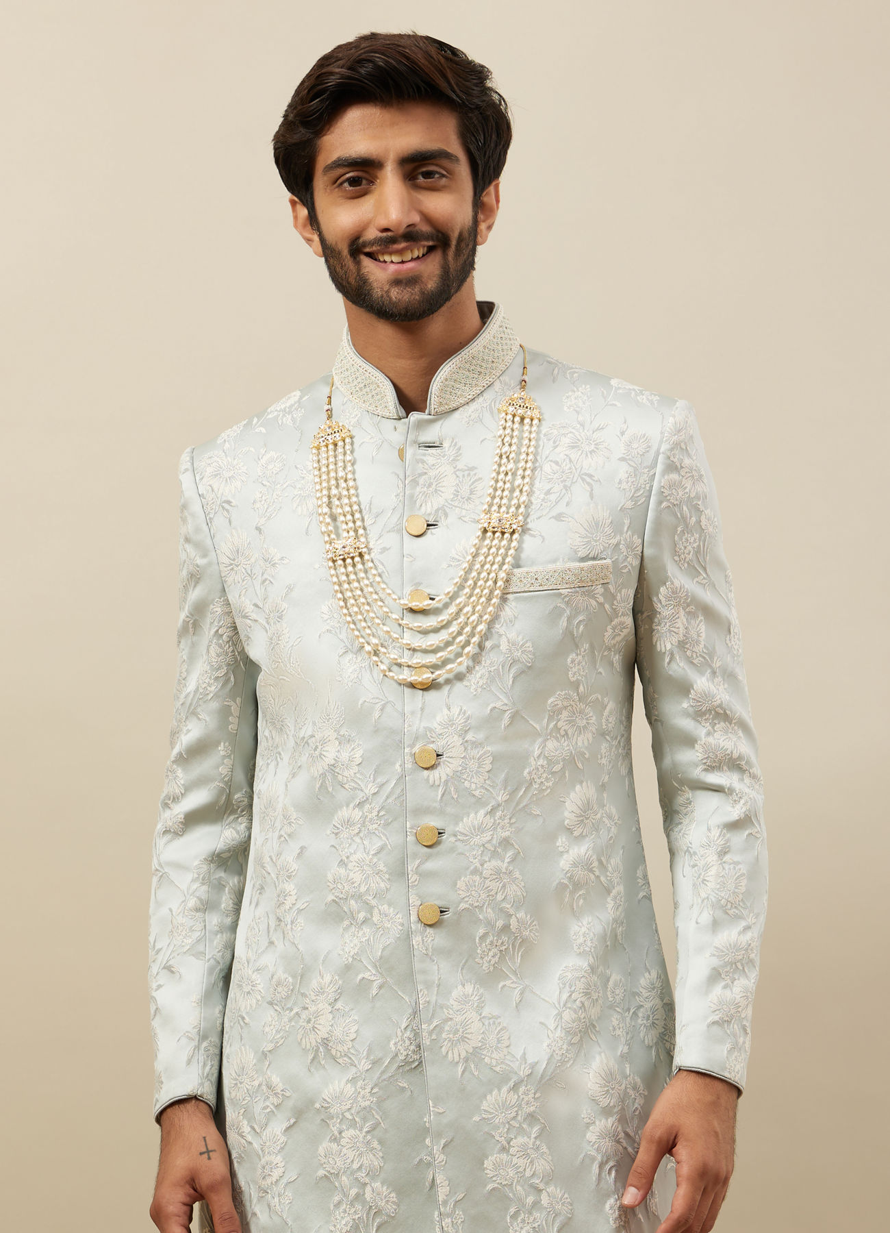 Manyavar Men Frost White Floral Patterned Indo Western Set