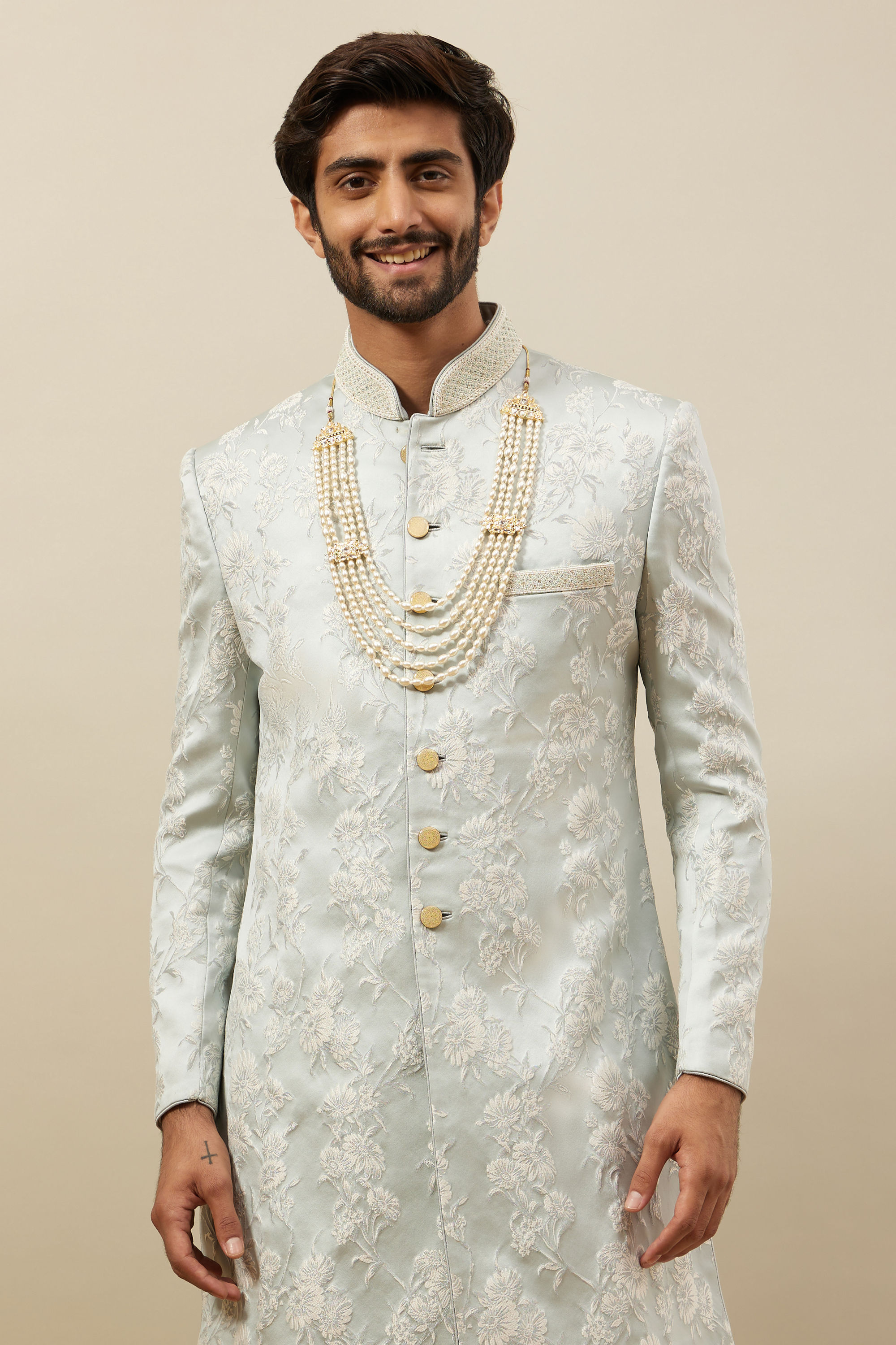 Manyavar Men Frost White Floral Patterned Indo Western Set
