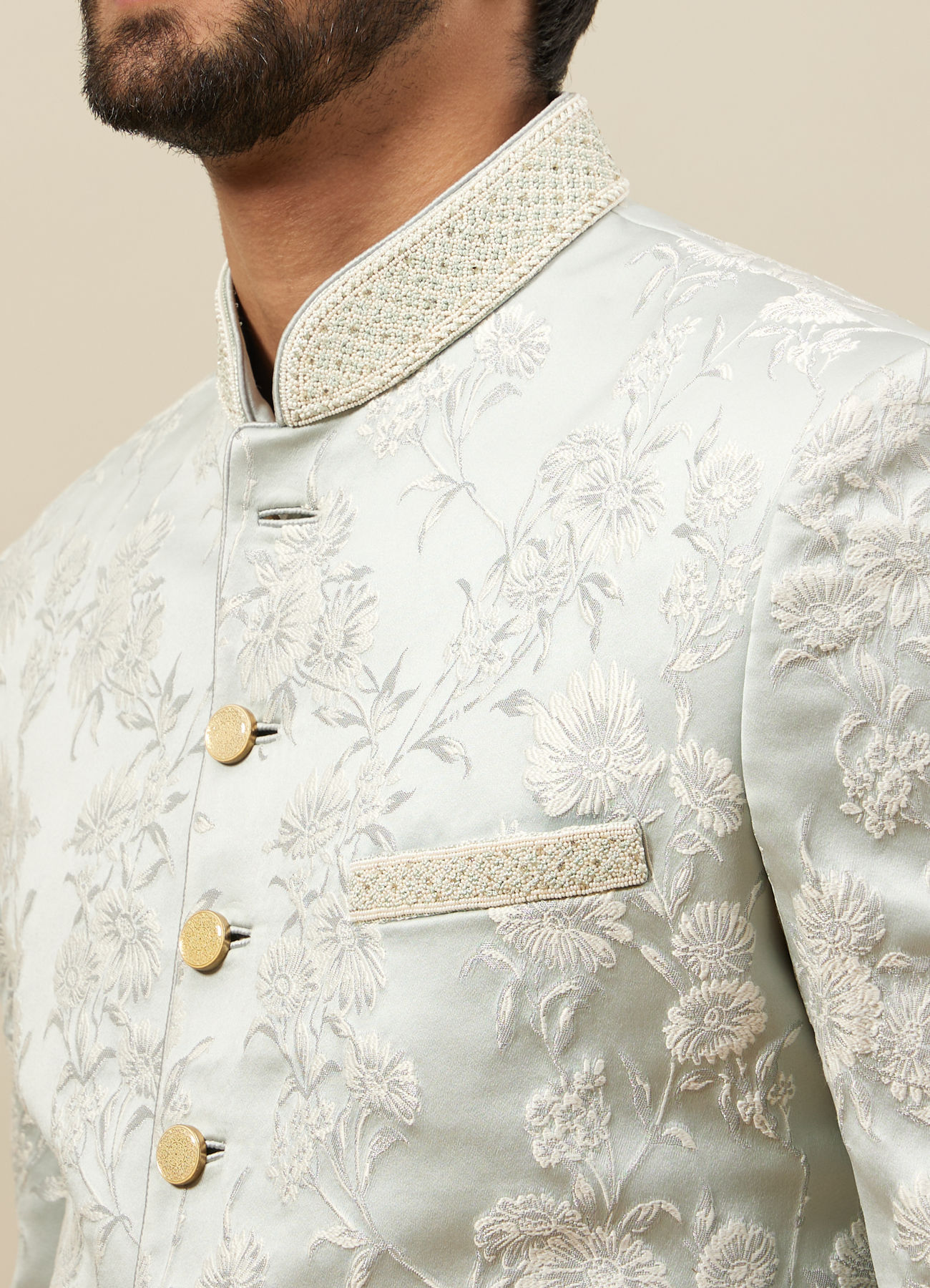 Manyavar Men Frost White Floral Patterned Indo Western Set