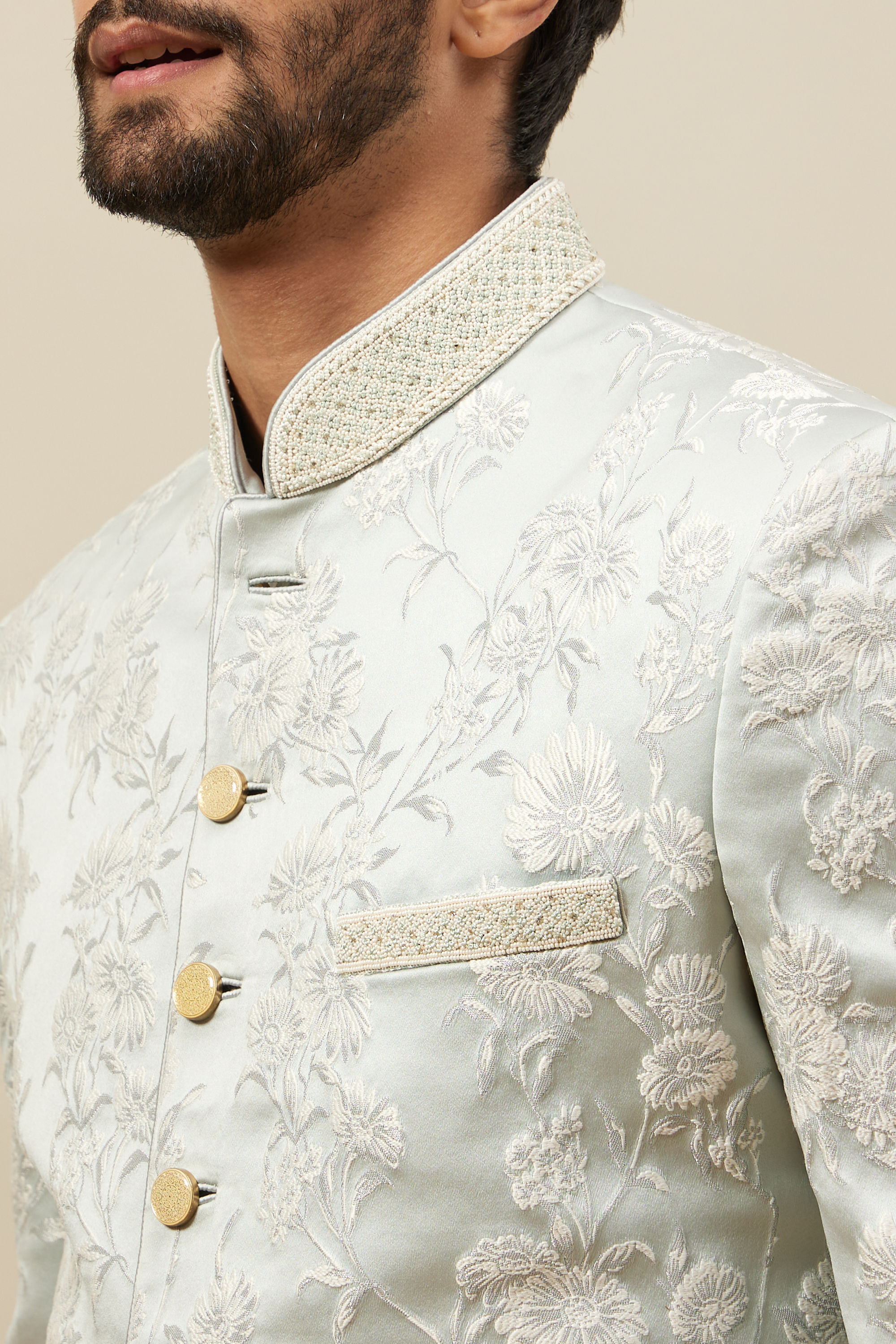 Manyavar Men Frost White Floral Patterned Indo Western Set