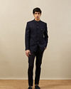 Manyavar Men Midnight Blue Bel Buti Patterned Indo Western Set