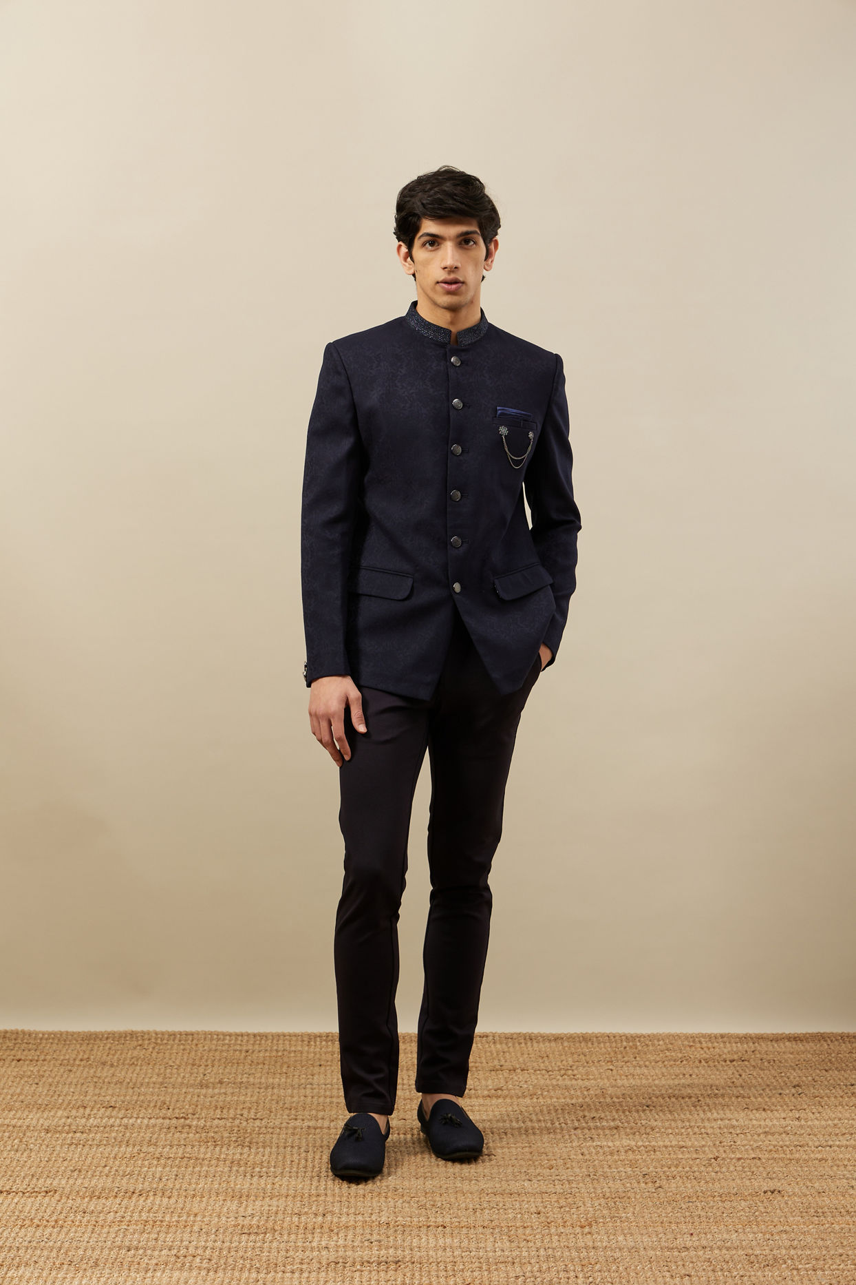 Navy Blue Self design Suit Set image number 2