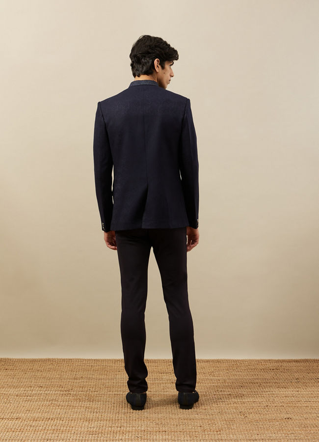 Manyavar Men Midnight Blue Bel Buti Patterned Indo Western Set