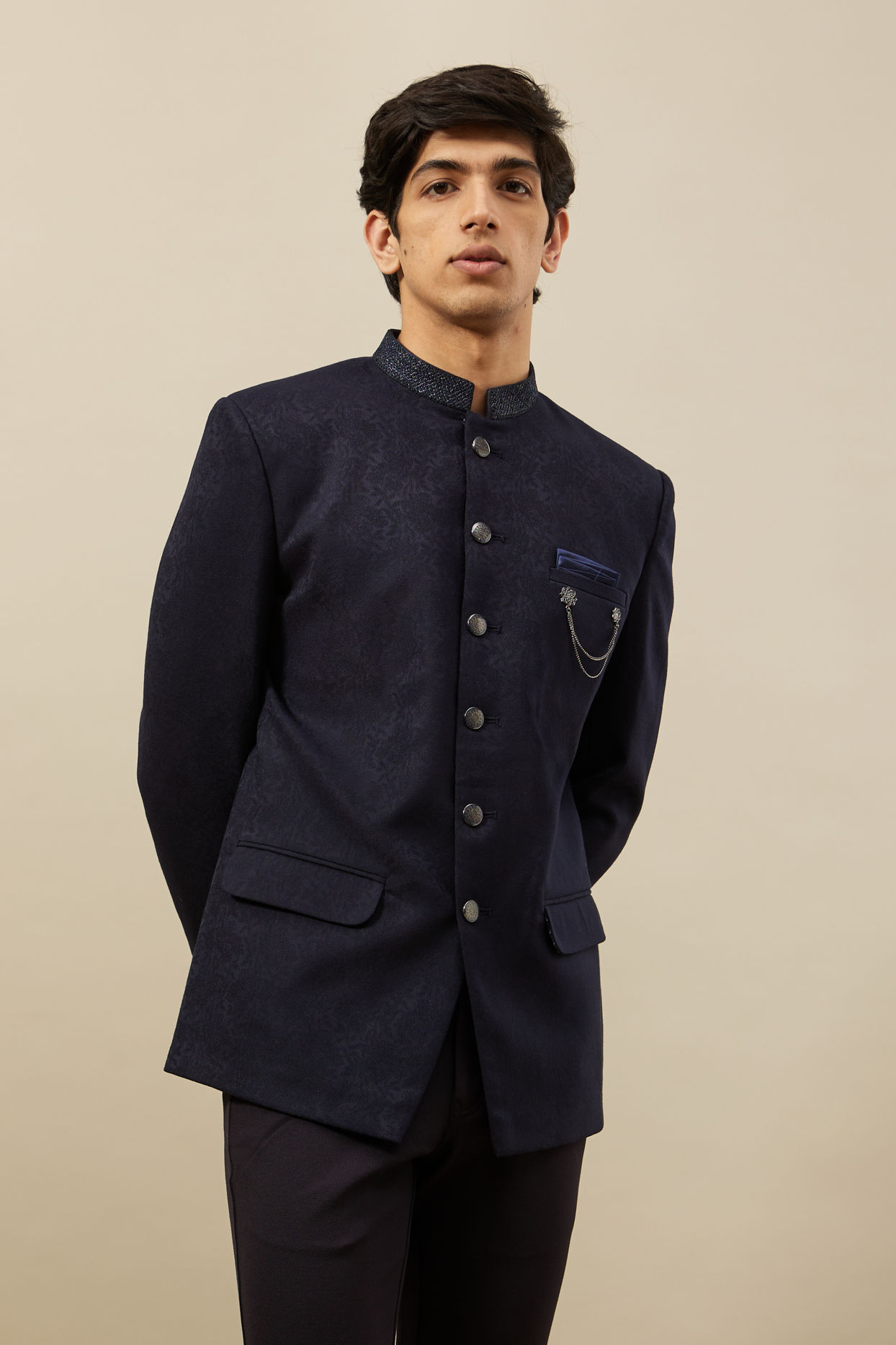 Buy Navy Blue Self design Suit Set Online in the USA Manyavar Suit