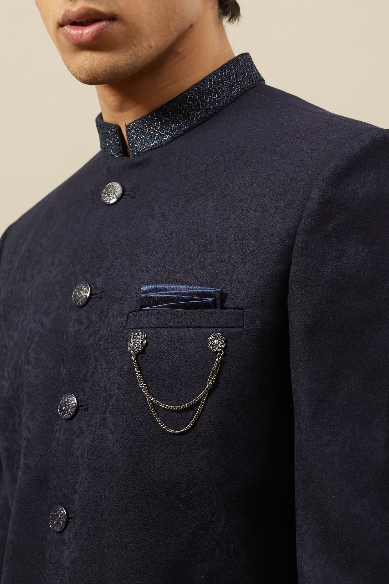 Navy Blue Self design Suit Set image number 1