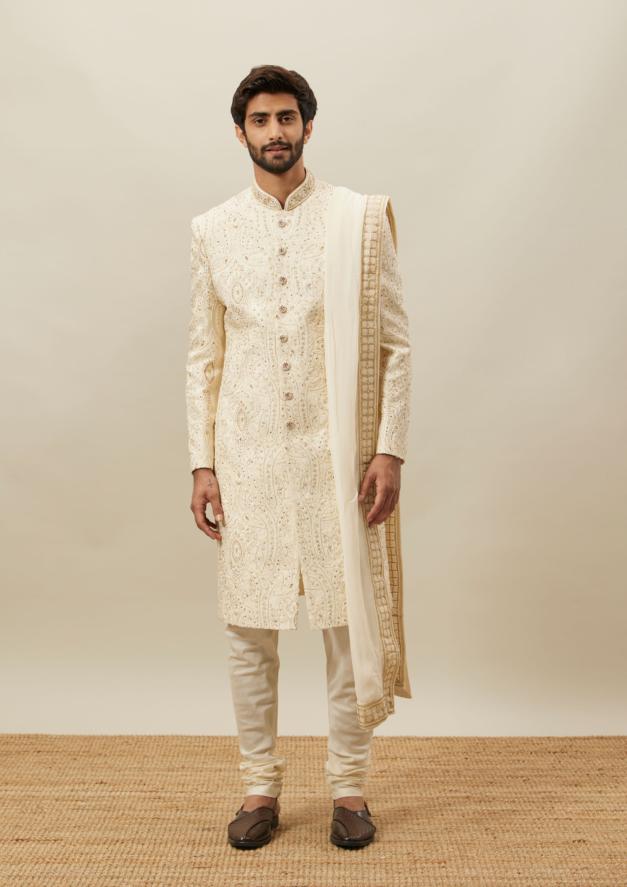 Twamev Men Cream Embroidered Sherwani Set