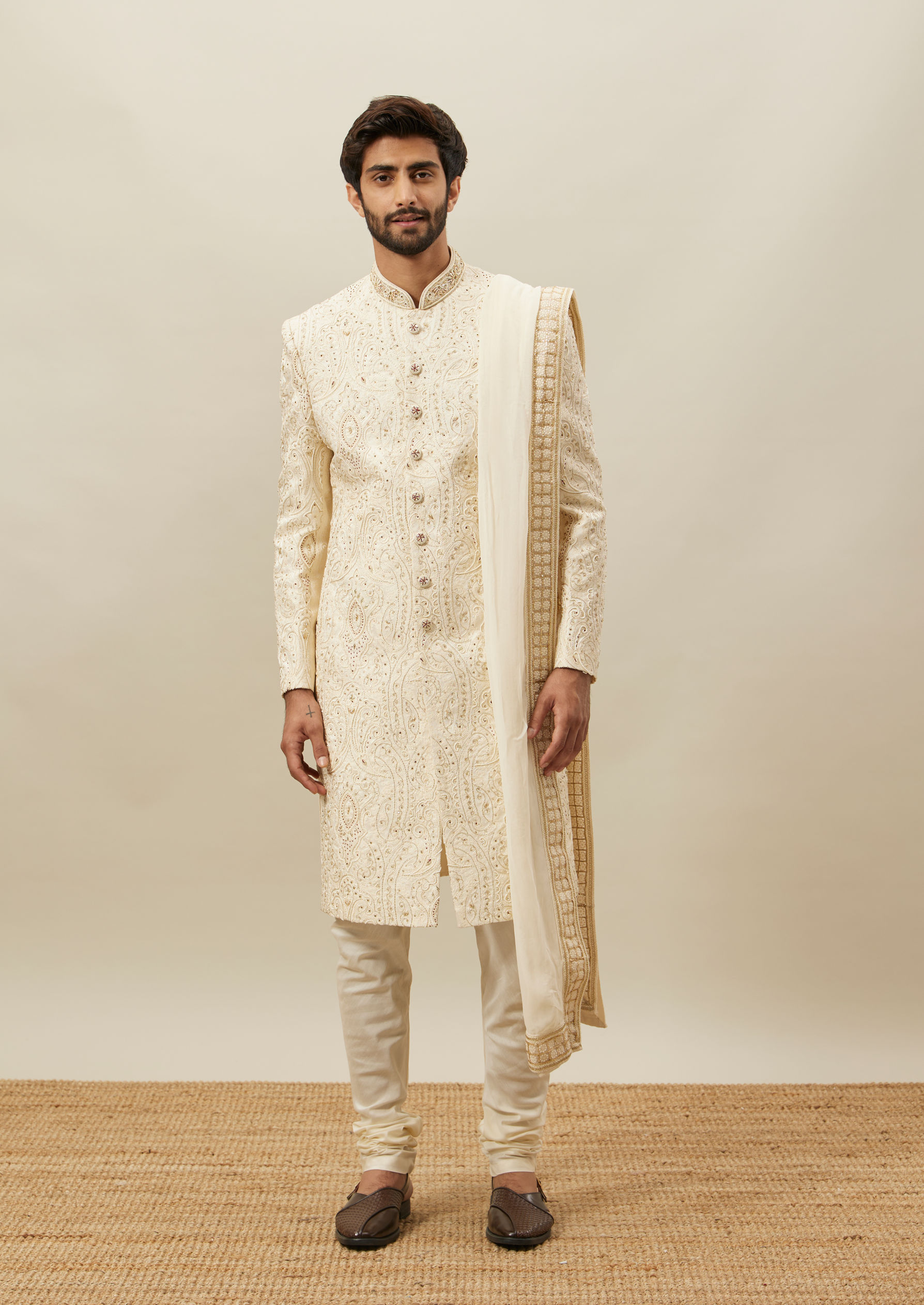 Twamev Men Cream Embroidered Sherwani Set