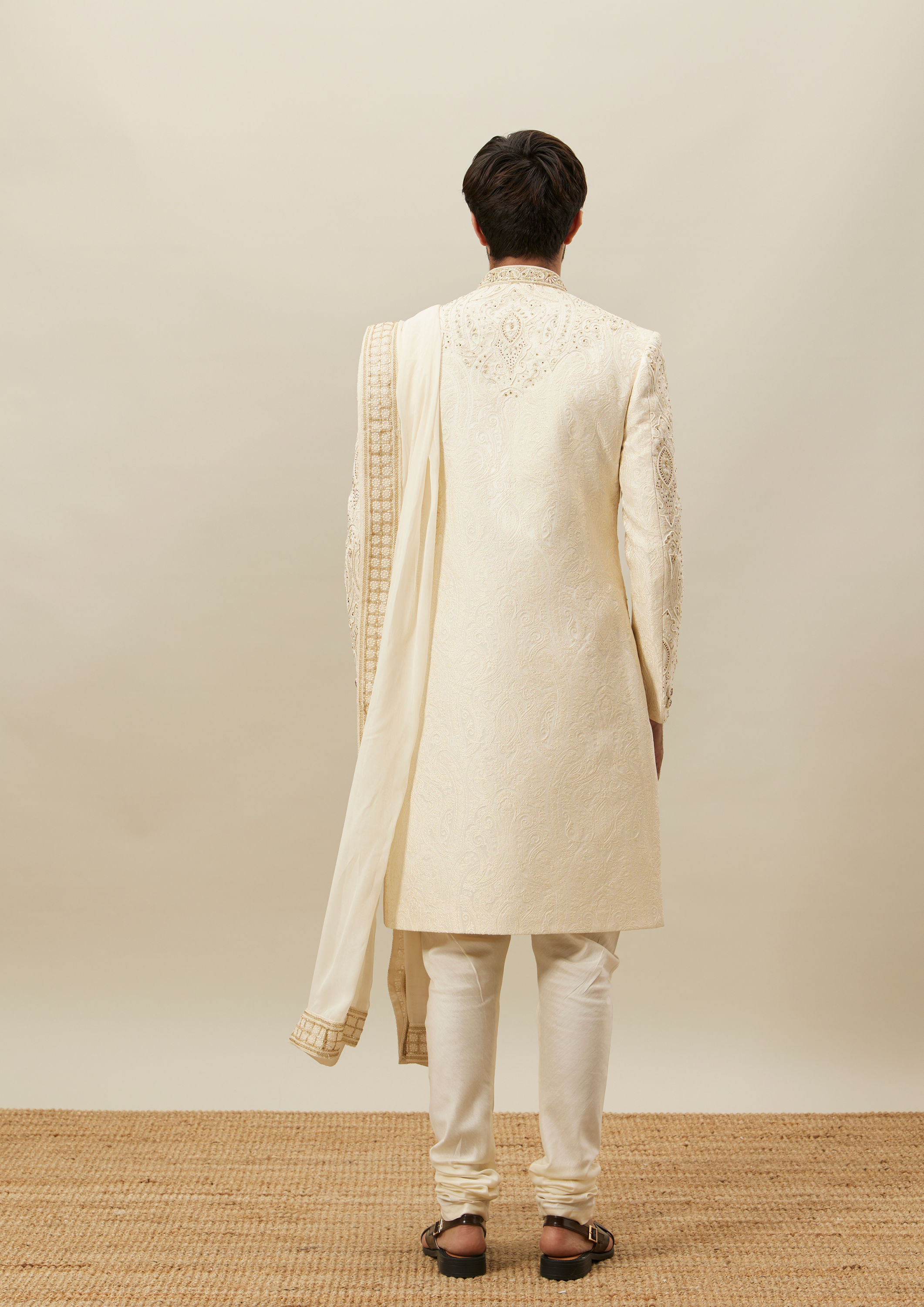 Twamev Men Cream Embroidered Sherwani Set