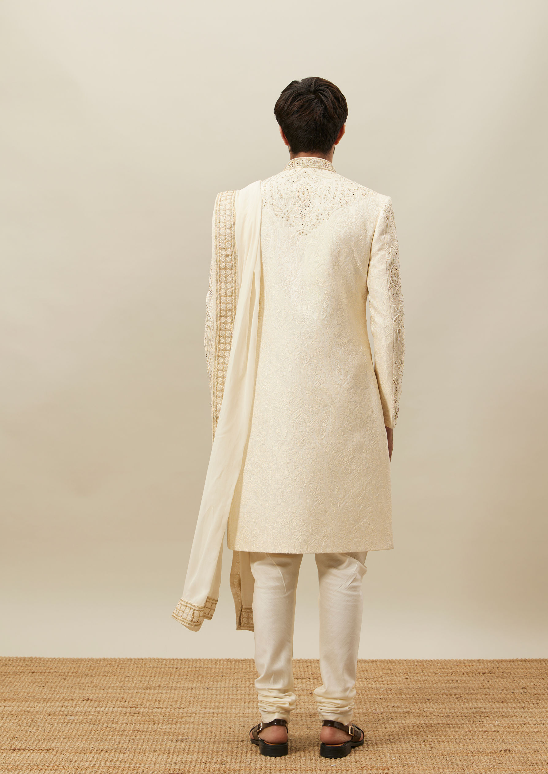 Twamev Men Cream Embroidered Sherwani Set