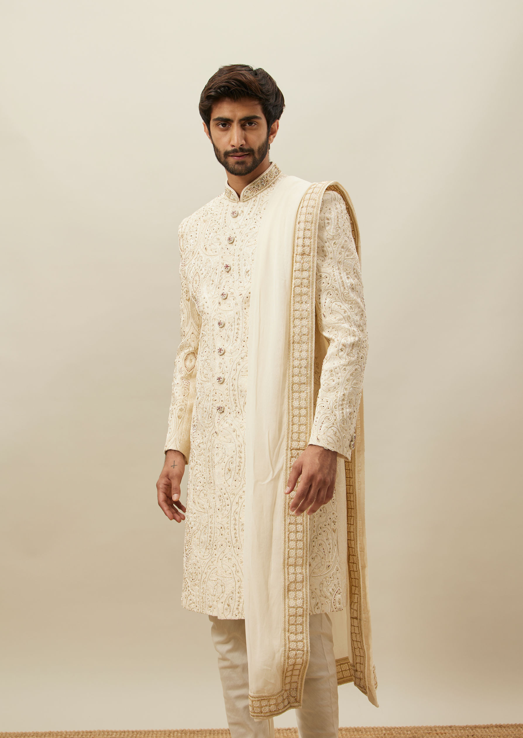 Twamev Men Cream Embroidered Sherwani Set