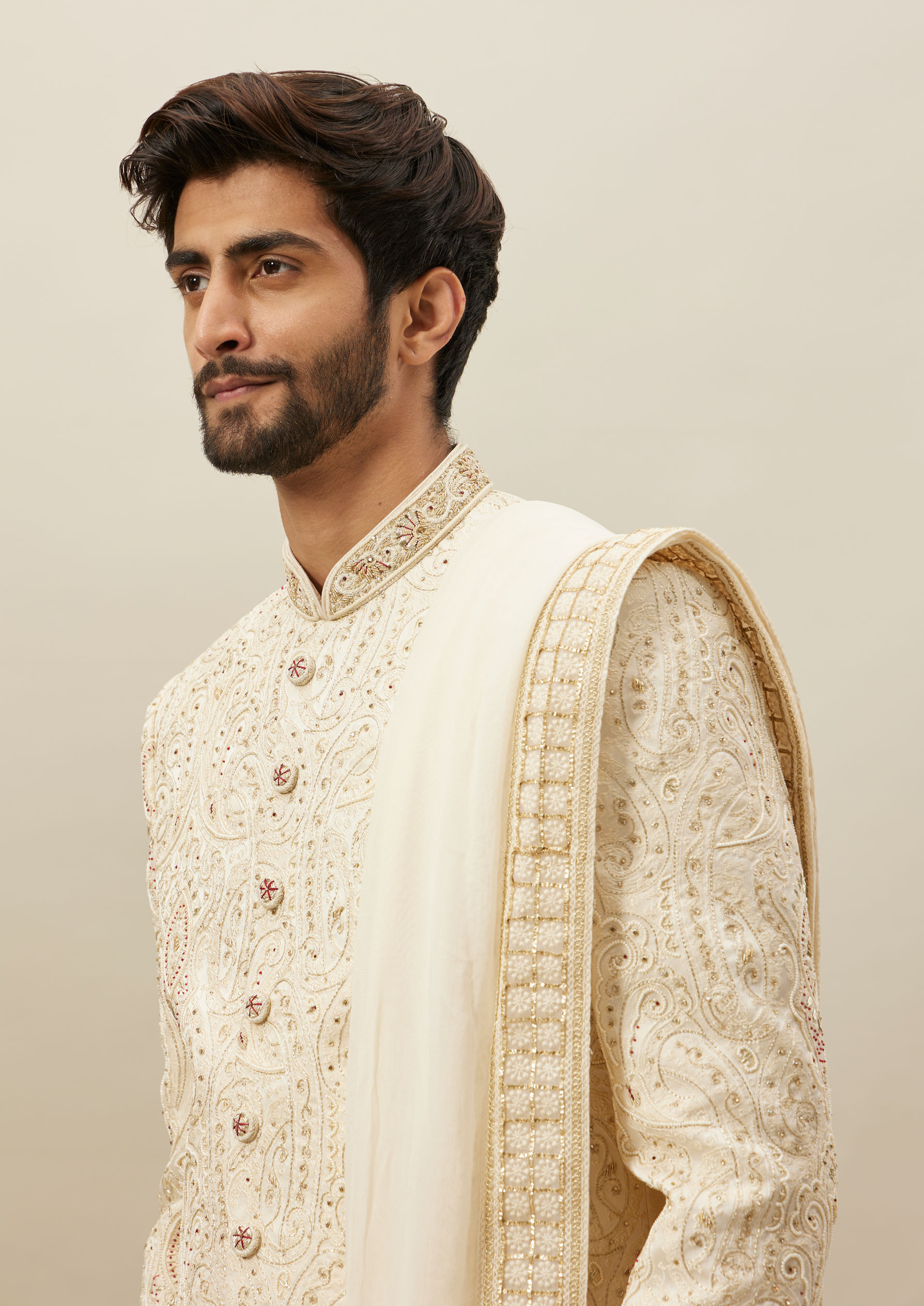 Twamev Men Cream Embroidered Sherwani Set