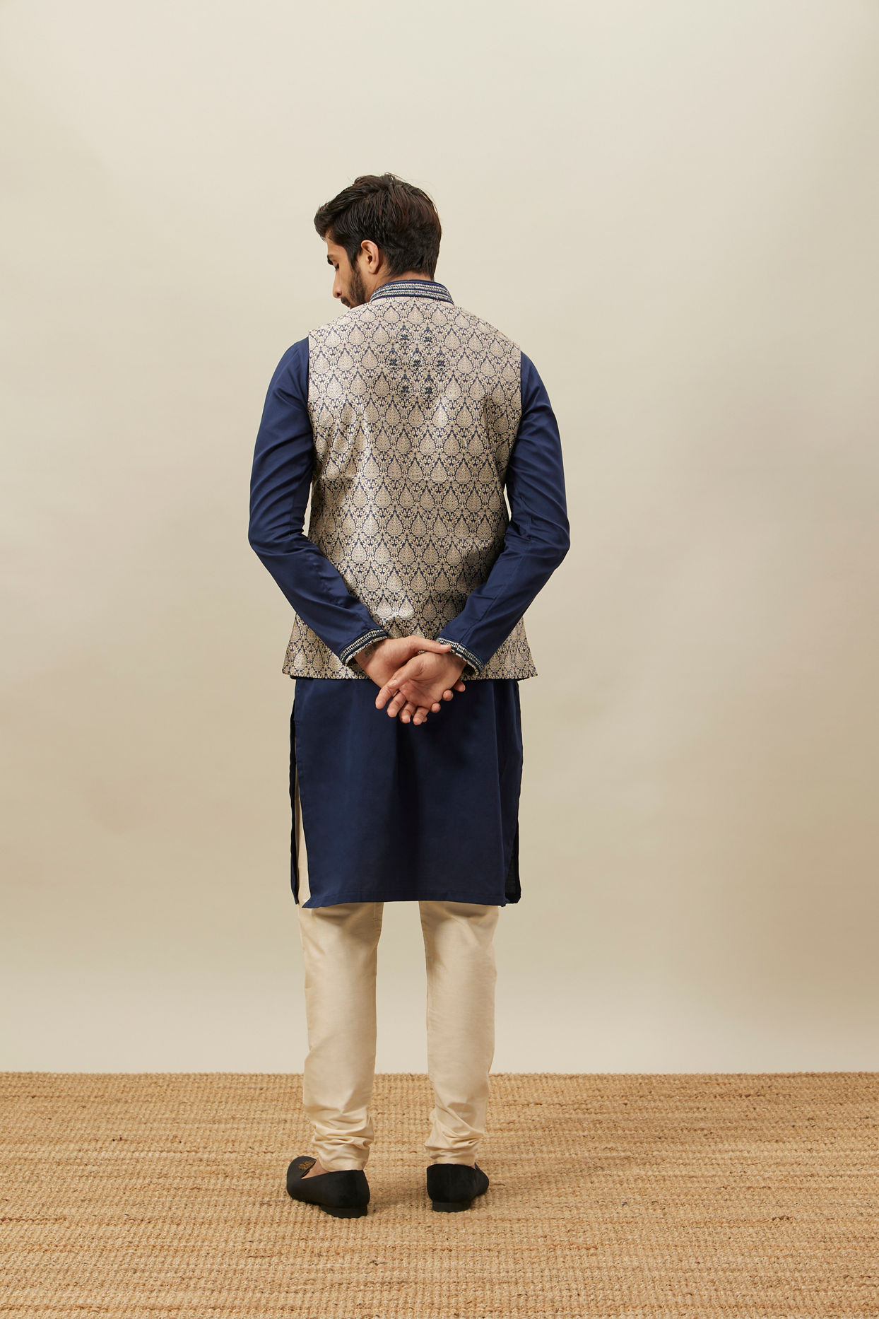 Manyavar Men Midnight Blue Medallion Patterned Jacket Set