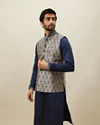 alt message - Manyavar Men Midnight Blue Medallion Patterned Jacket Set image number 0