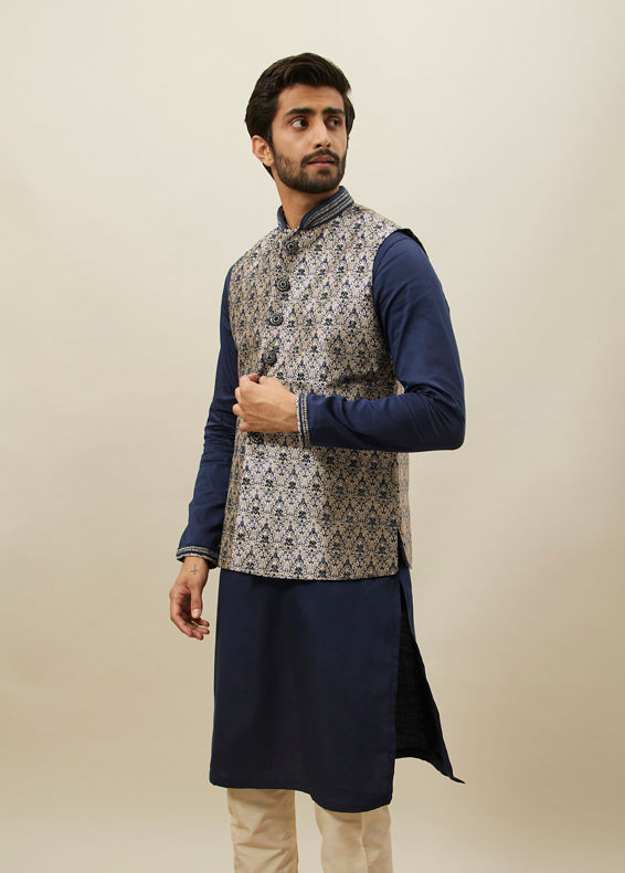 Manyavar Men Midnight Blue Medallion Patterned Jacket Set