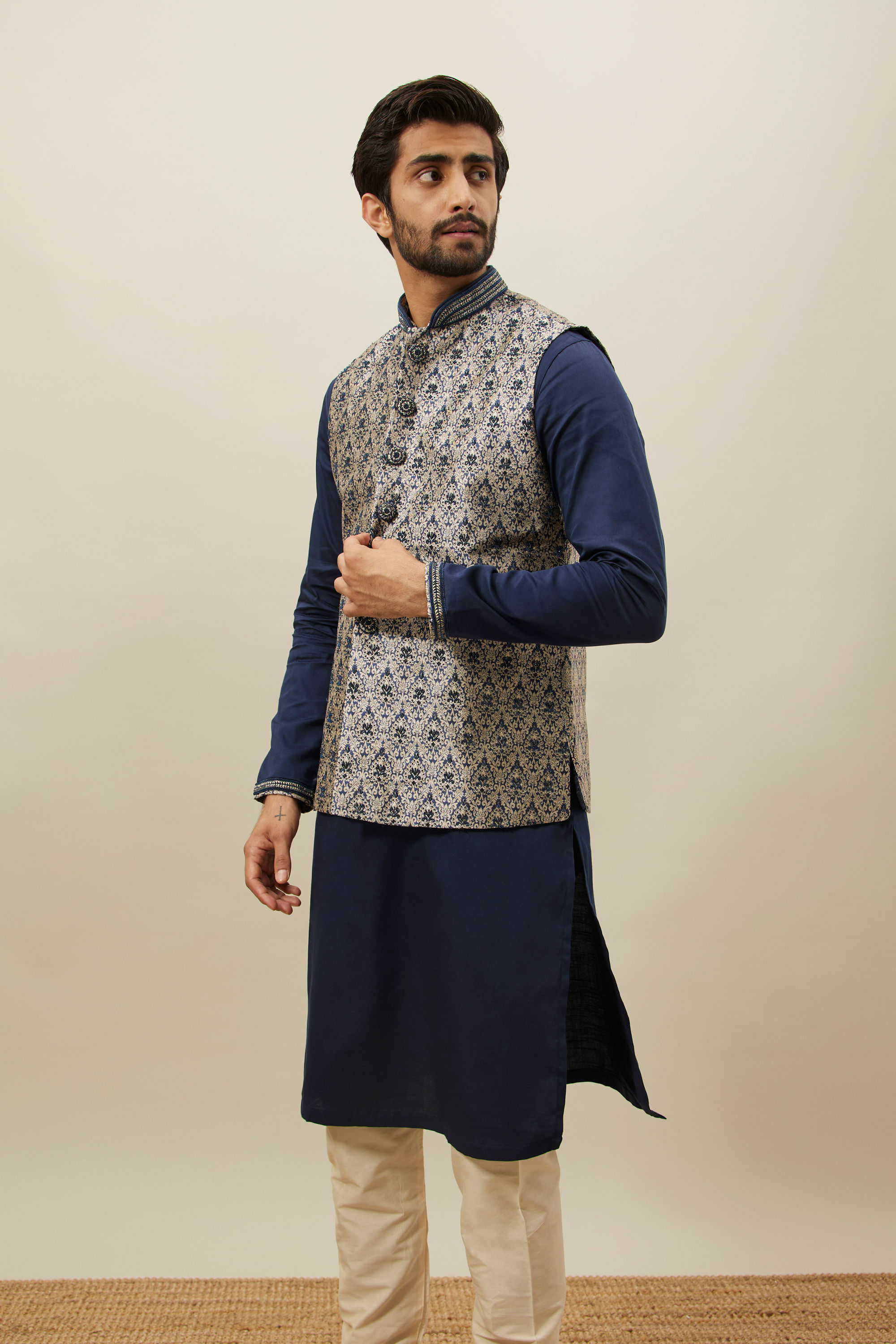 Manyavar Men Midnight Blue Medallion Patterned Jacket Set