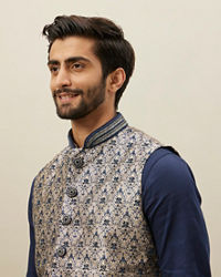 Manyavar Men Midnight Blue Medallion Patterned Jacket Set