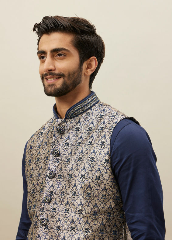 Manyavar Men Midnight Blue Medallion Patterned Jacket Set