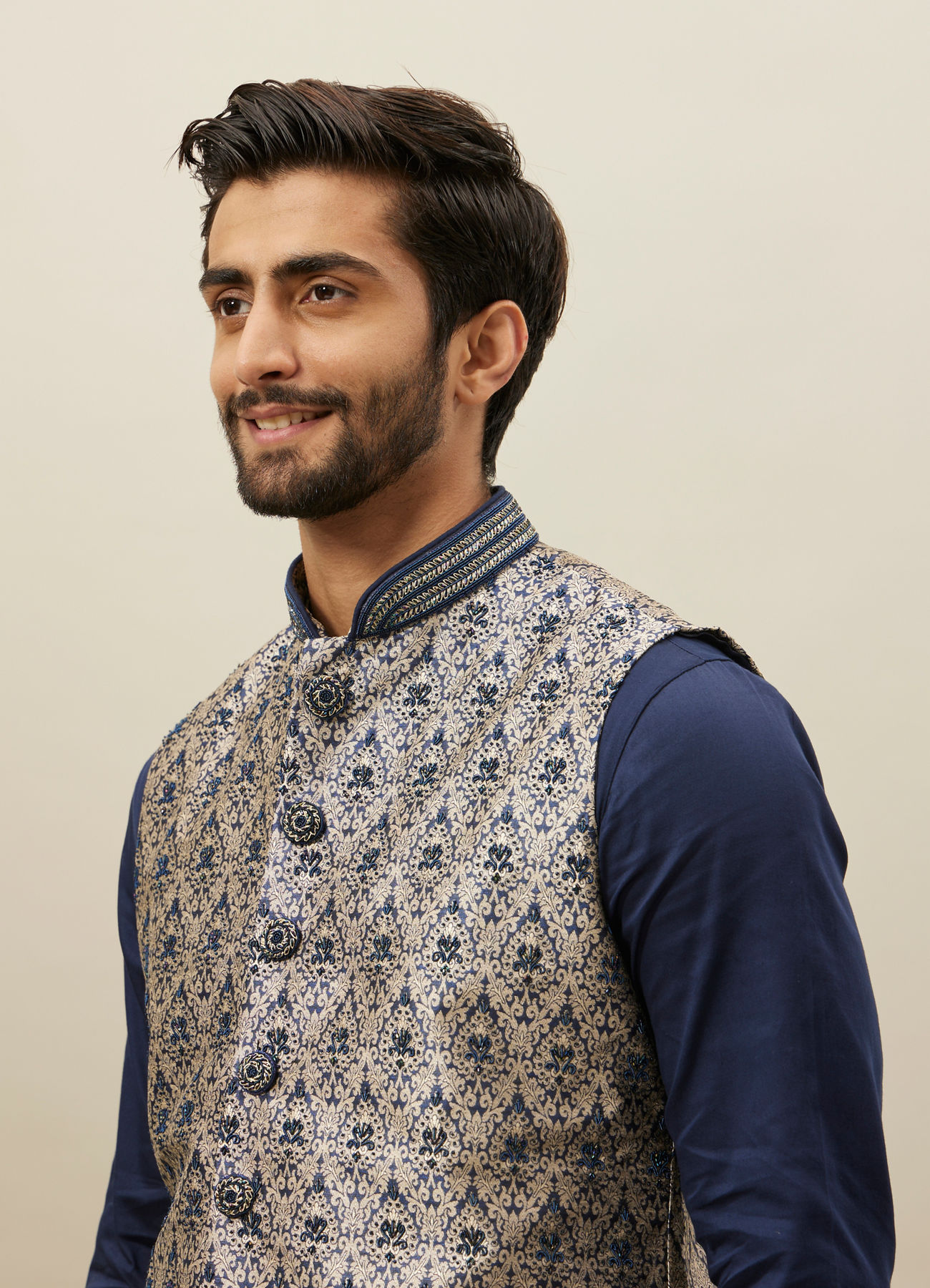 Manyavar Men Midnight Blue Medallion Patterned Jacket Set