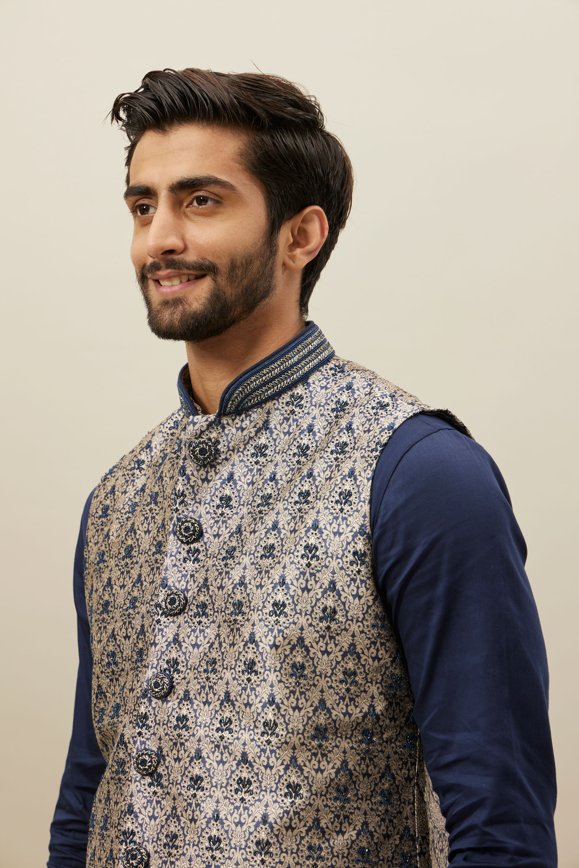 Manyavar Men Midnight Blue Medallion Patterned Jacket Set