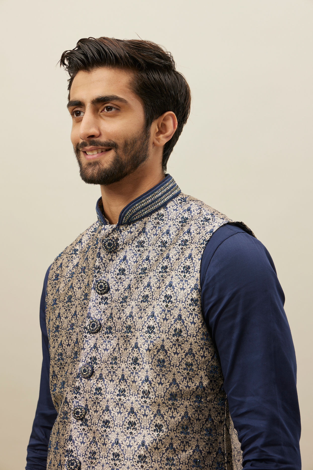 Buy Royal Blue Foil Printed Jacket Set Online in India @Manyavar ...