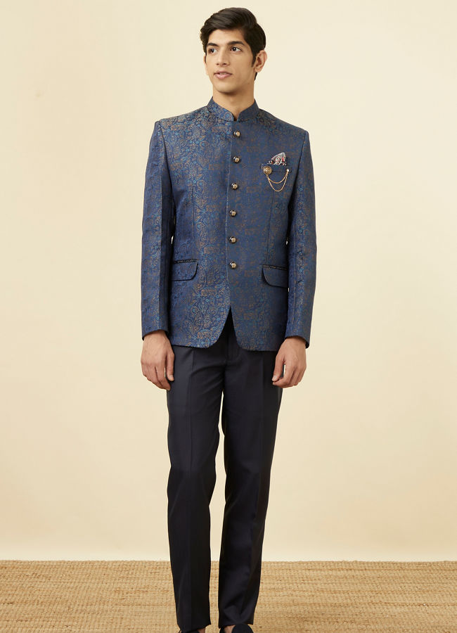 Buy Dark Sapphire Blue Paisley Patterned Suit Online in the USA Manyavar Suit Set for Men