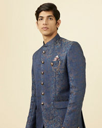 Manyavar Men Dark Sapphire Blue Paisley Patterned Suit