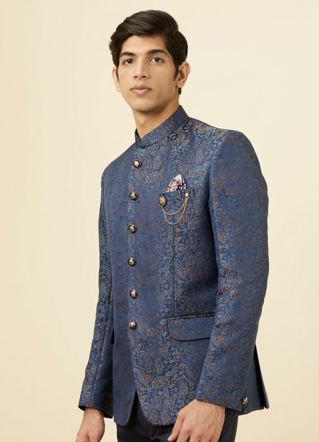 Buy Blue Paisley Textured Jodhpuri Suit Online in the USA