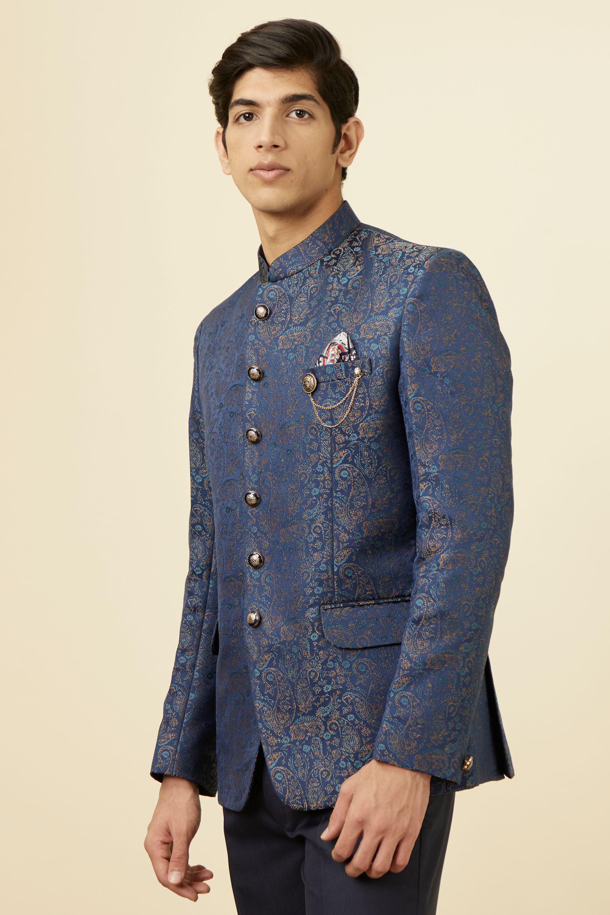 Manyavar Men Dark Sapphire Blue Paisley Patterned Suit