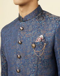 Manyavar Men Dark Sapphire Blue Paisley Patterned Suit