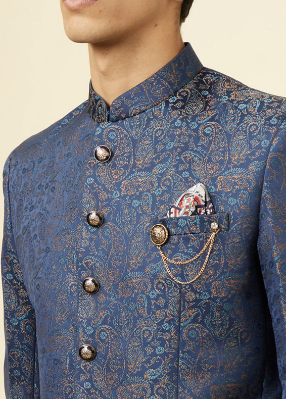 Manyavar Men Dark Sapphire Blue Paisley Patterned Suit