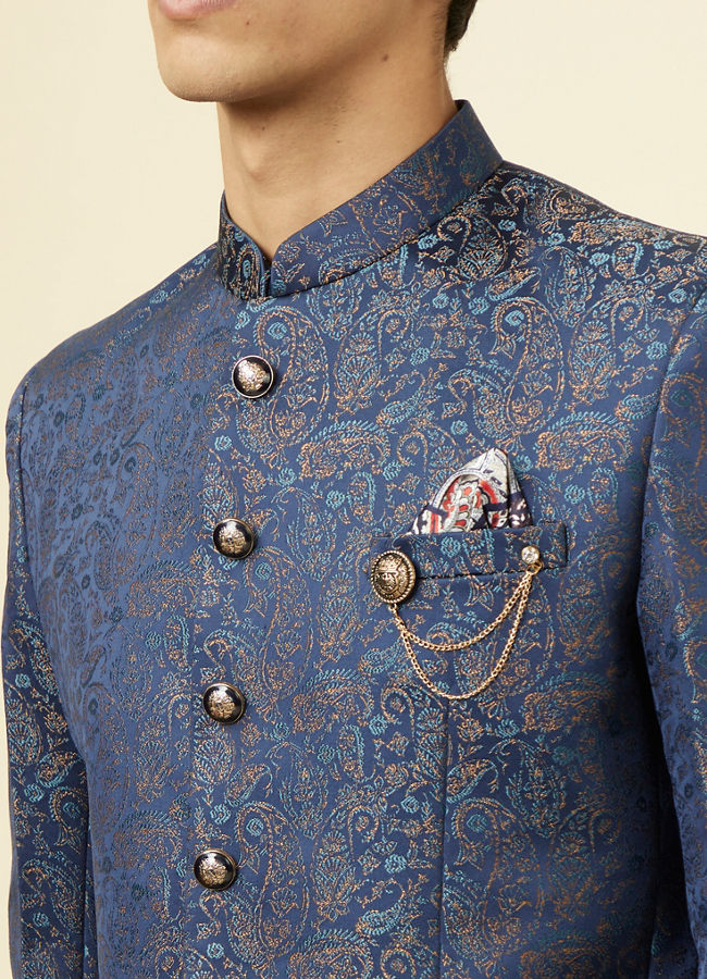 alt message - Manyavar Men Dark Sapphire Blue Paisley Patterned Suit image number 1