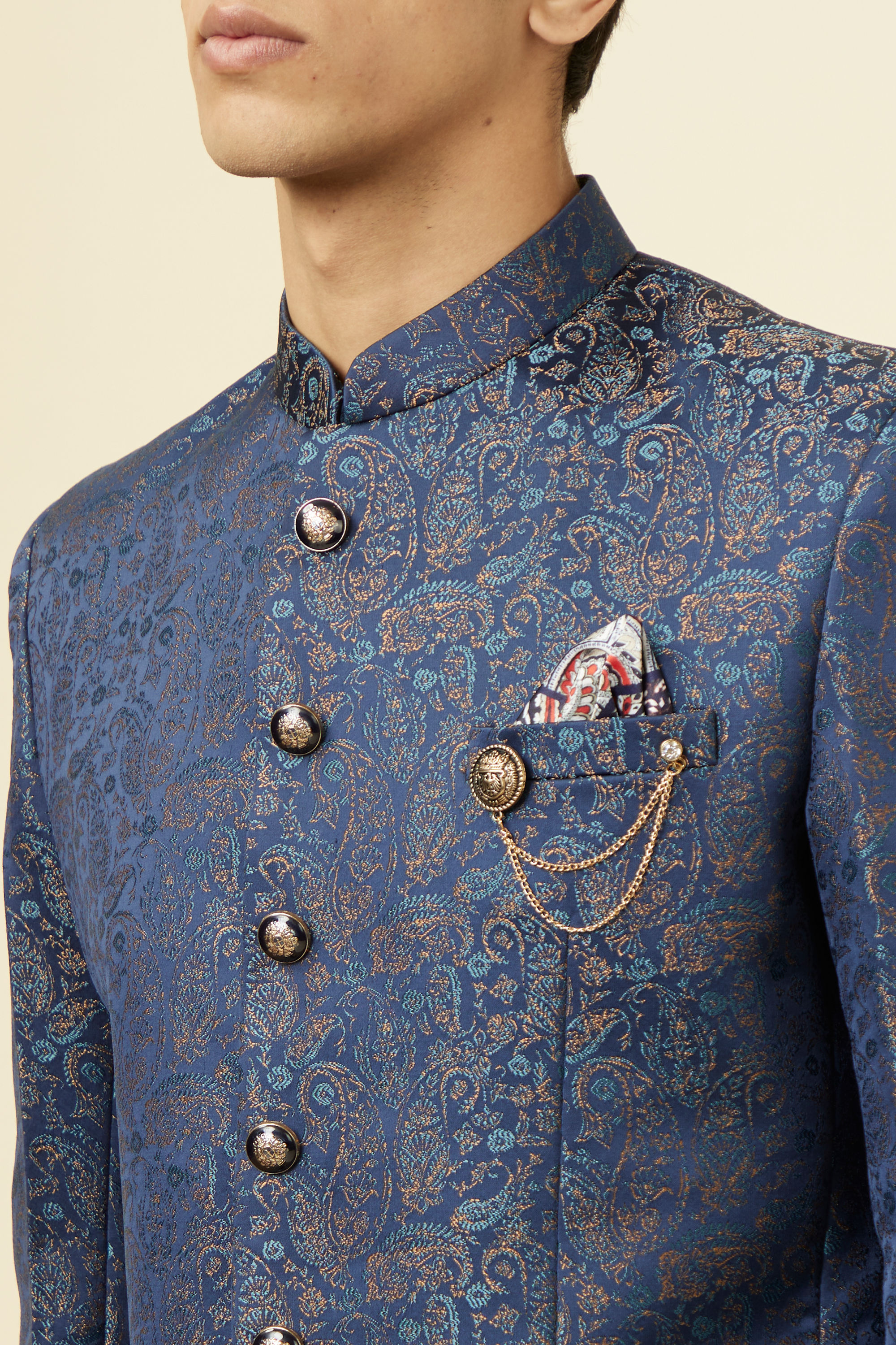 Manyavar Men Dark Sapphire Blue Paisley Patterned Suit