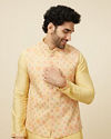 alt message - Manyavar Men Lemon Drop Yellow Self Patterned Kurta Jacket Set image number 0