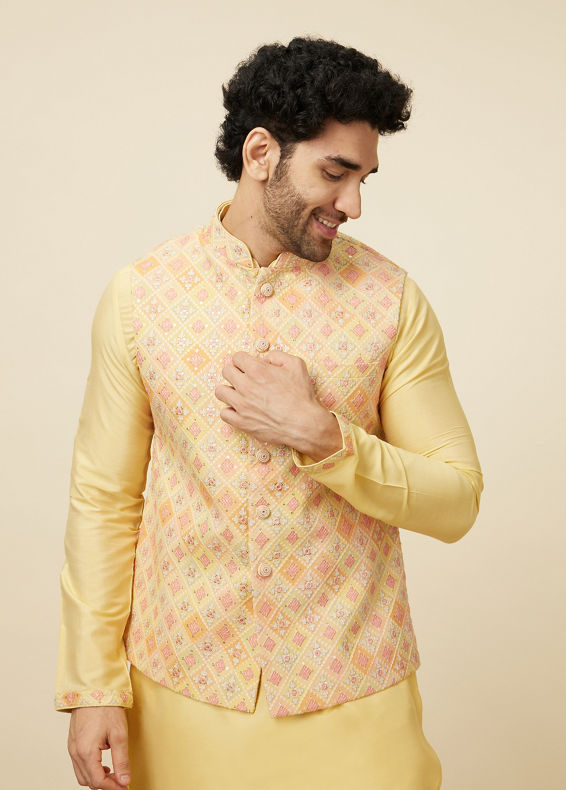 Manyavar Men Lemon Drop Yellow Self Patterned Kurta Jacket Set