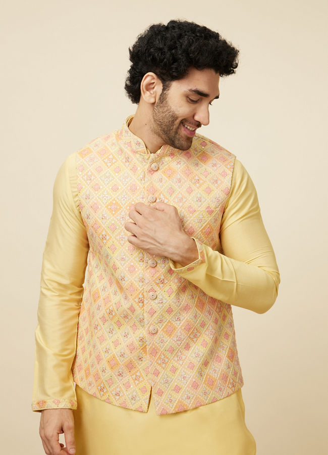 alt message - Manyavar Men Lemon Drop Yellow Self Patterned Kurta Jacket Set image number 0