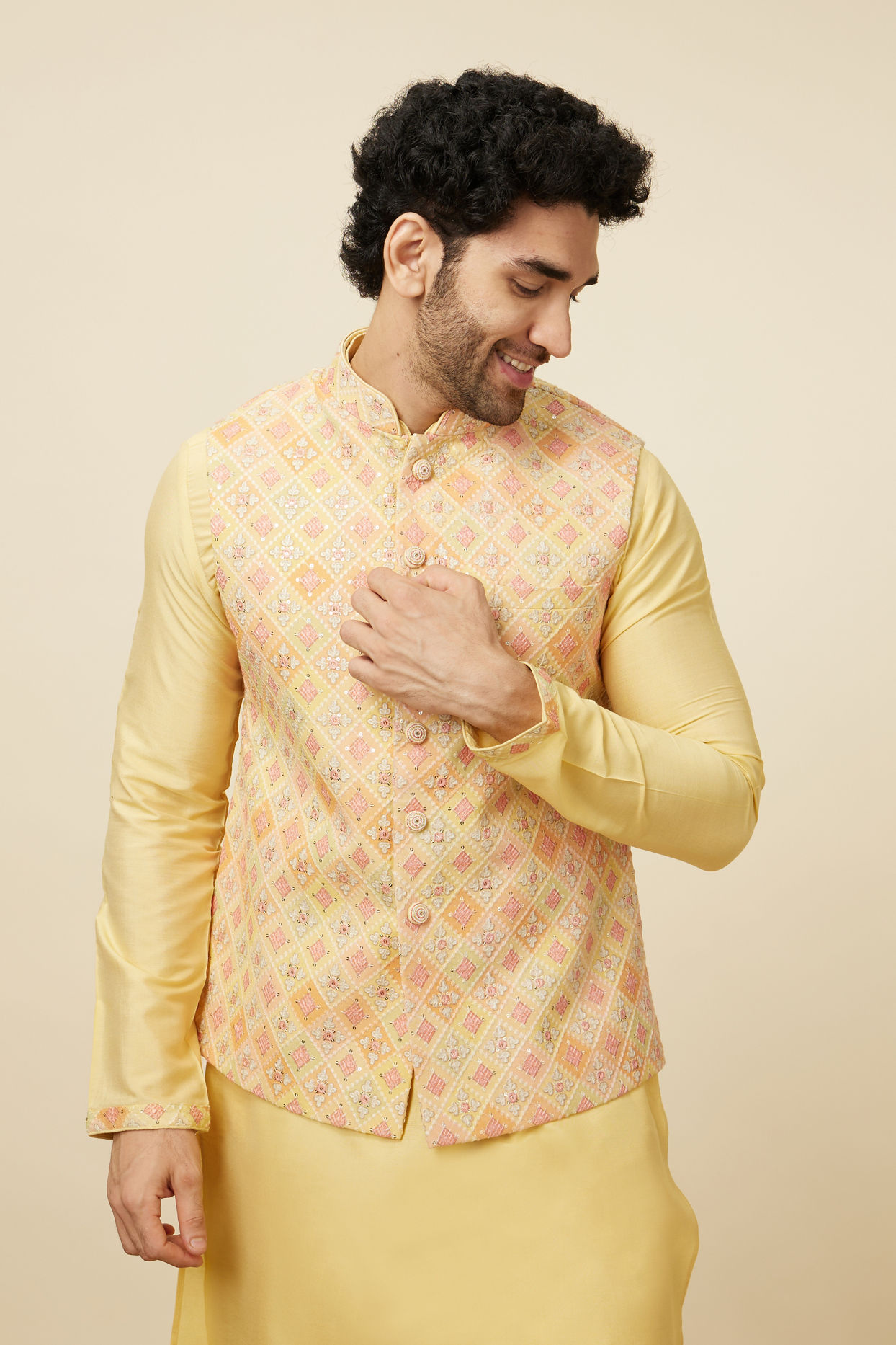 alt message - Manyavar Men Lemon Drop Yellow Self Patterned Kurta Jacket Set image number 0