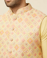 Manyavar Men Lemon Drop Yellow Self Patterned Kurta Jacket Set