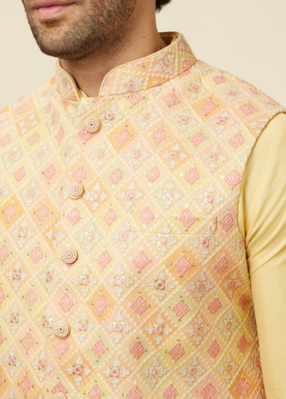 Manyavar Men Lemon Drop Yellow Self Patterned Kurta Jacket Set