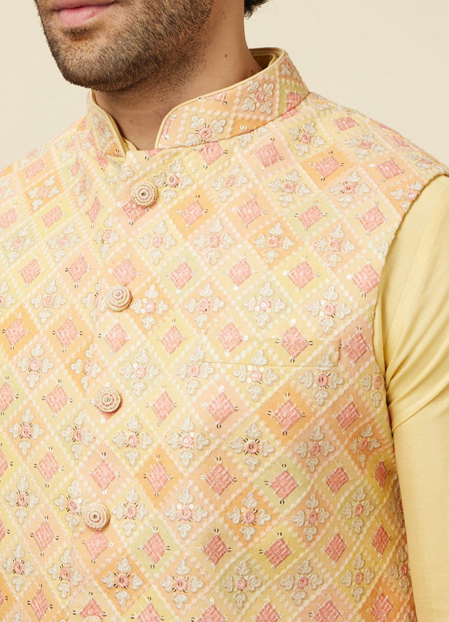 alt message - Manyavar Men Lemon Drop Yellow Self Patterned Kurta Jacket Set image number 1